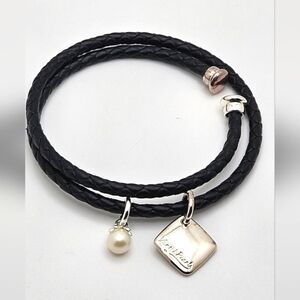 🟢3/$19🟢 Vantel Pearls Leather Wrap Bracelet BLACK BELIEVE Silver Discontinued
